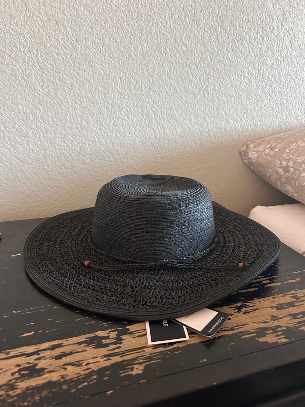 Nine West Black Wide-Brim Straw Sun Hat with Tie Detail
